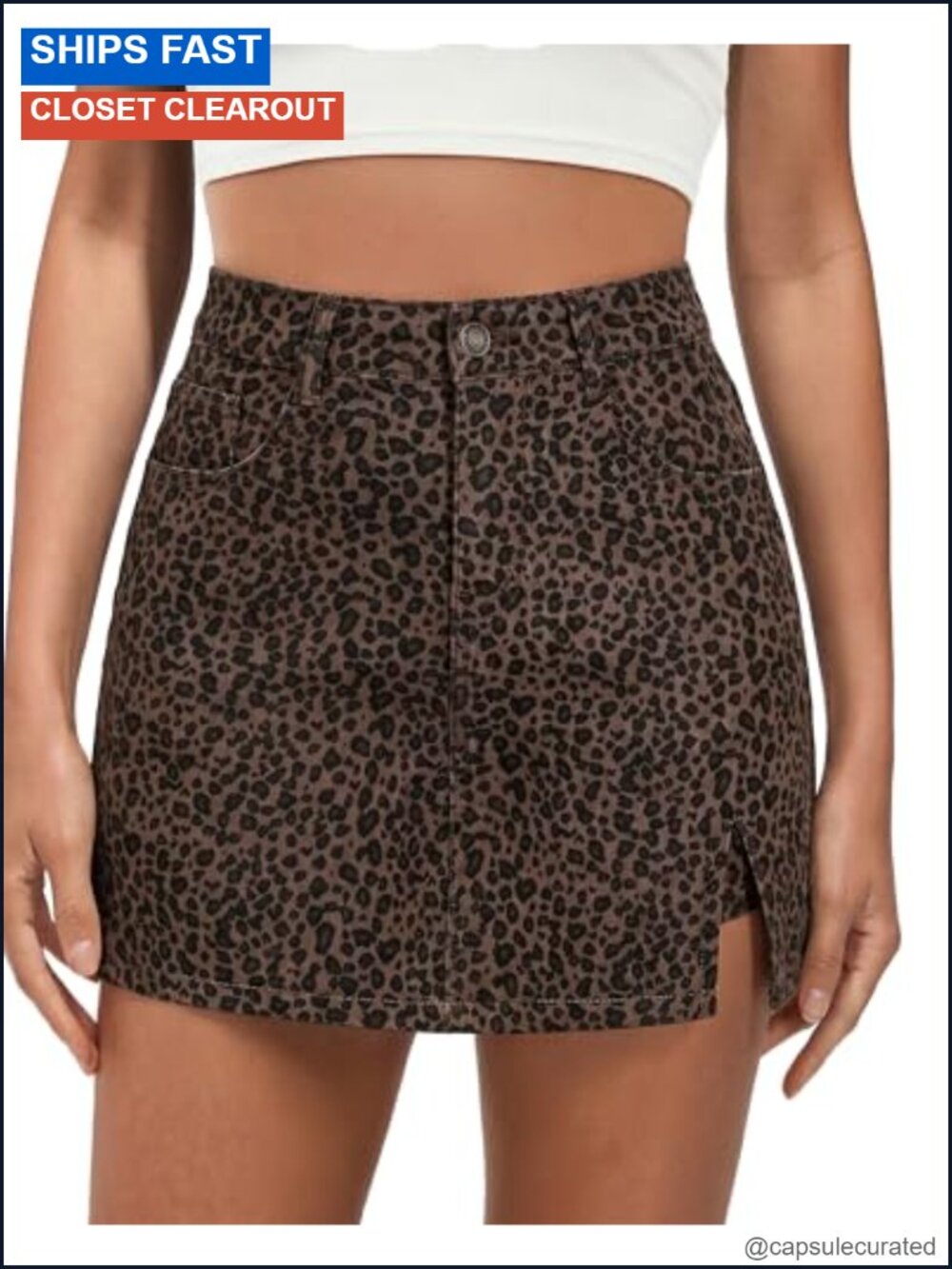 Leopard Print Mini Skort with Shorts High Waisted Stretchy Side Slit